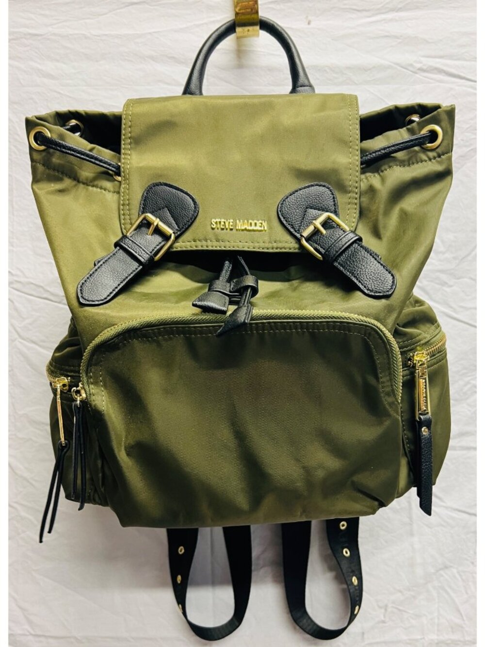 Steve Madden Olive Green Black Nylon Backpack Adjustable Straps Pockets Zip Snap - Picture 1 of 3